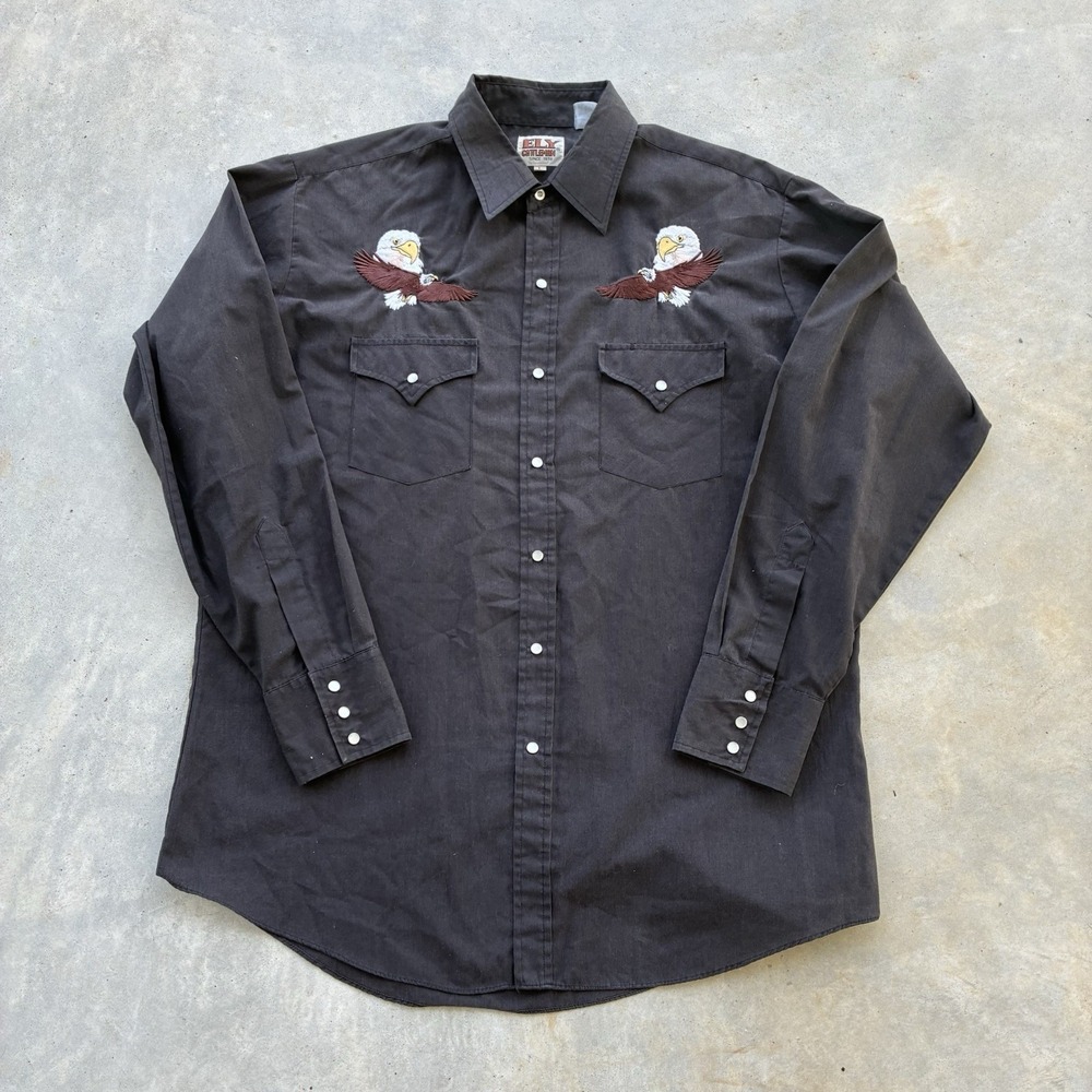 Ely Cattleman Shirt Mens Medium Black Western Pearl Snap Embroidered Eagles USA